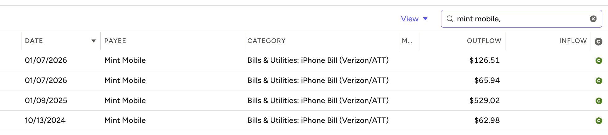 Mint Mobile spending in YNAB